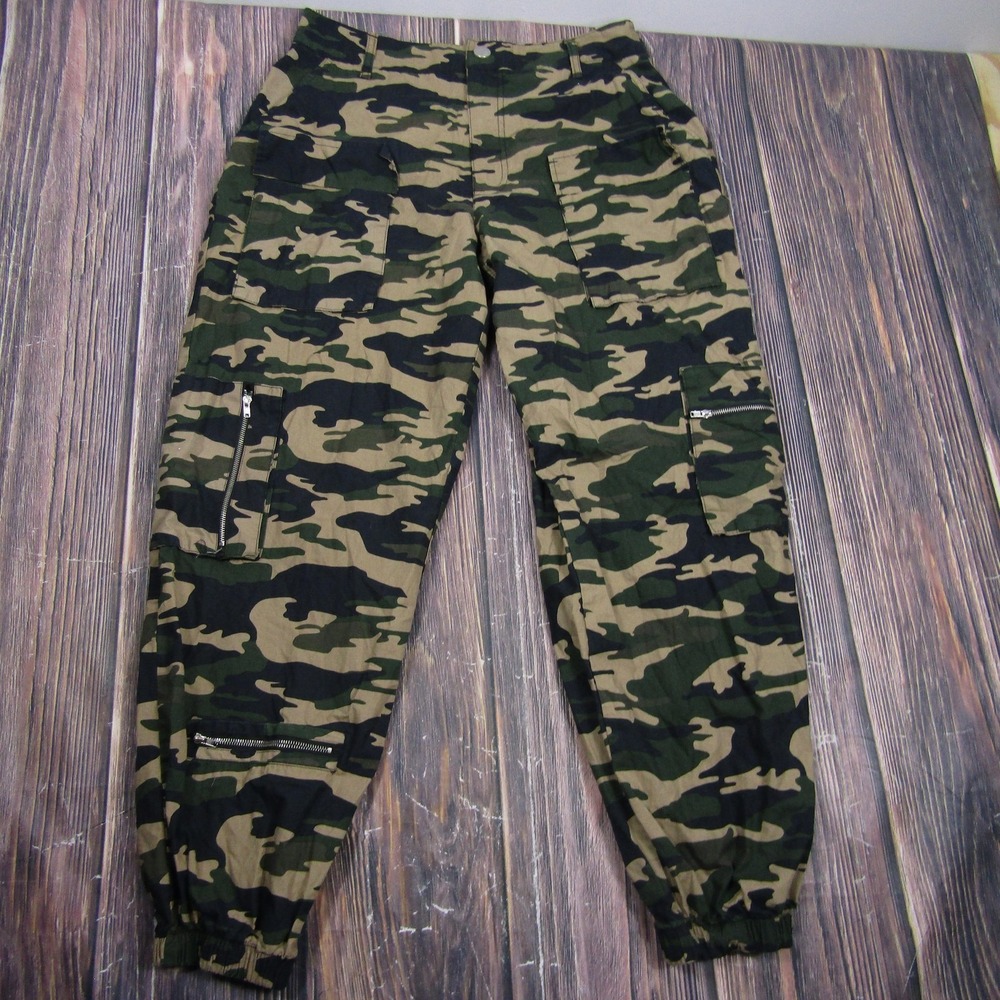 Rue21 Pants Juniors M Green Camo Cargo Twill Zip Pocket Cuffed Relaxed Fit